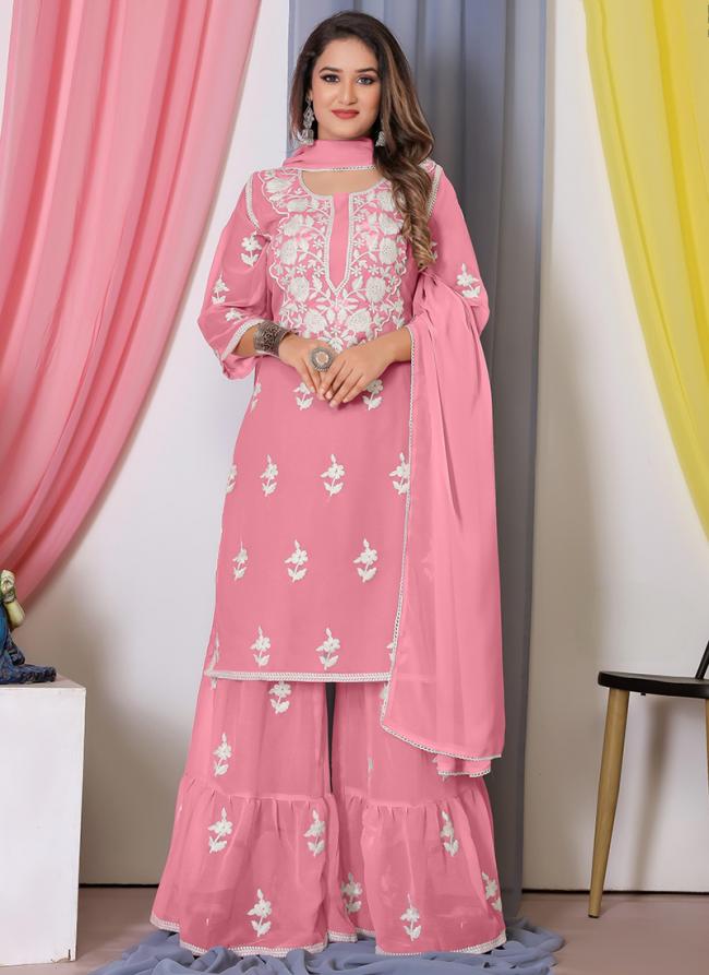 Georgette Pink Eid Wear Embroidery Work Readymade Salwar Suit